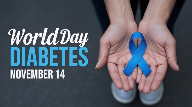 A person holding a blue ribbon for world diabetes day on november fourteenth in their hands close up
