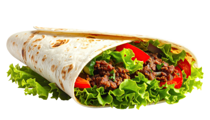 Freshly made burrito with meat, tomatoes, and lettuce