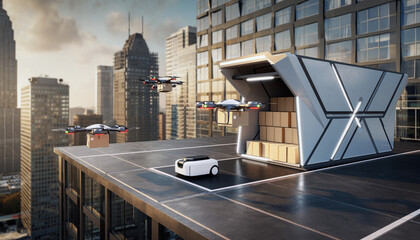 Automated Drone Delivery Station on Skyscraper Rooftop