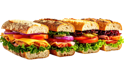 Line of four different hearty and loaded sub sandwiches