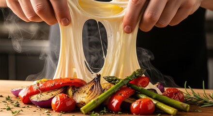 Hands stretching mozzarella cheese over grilled