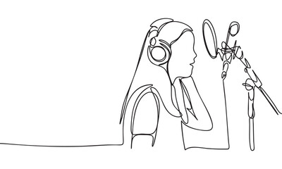 One Line Drawing of a Vocalist with Headphones and Microphone