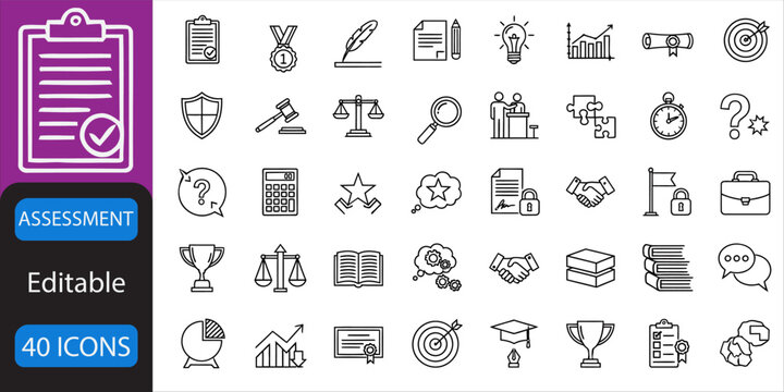 Assesment outline icon set. Checklist, Test, Grade, Score, Rubric, Survey, Graph, Target, Magnifying Glass, Report Card, and more. Editable stroke. Vector illustration.