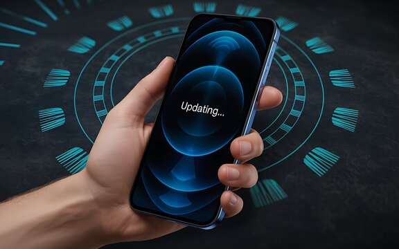 Man's hand holding a modern smartphone during a system software update with a tech interface