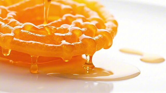 Close-up of a sweet golden jalebi, a popular Indian dessert, being drizzled with honey on a white background, showcasing its intricate spiral design and sticky texture