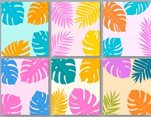 Assorted colorful tropical leaves in various arrangements and backgrounds