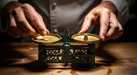 Hands balancing gold scales with small objects on