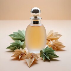 Elegant perfume bottle surrounded by decorative origami leaves
