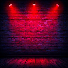 Lighting effects in red and blue on a brick wall create a festive background suitable for a New Year's party, evoking themes of happiness and ideal for showcasing or placing products.