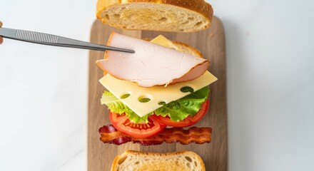 Overhead view of a sandwich being assembled on a