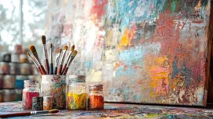 An artist&acirc;&euro;&trade;s studio displays fine brush strokes on a large canvas with jars of paint brushes and vibrant colors scattered around
