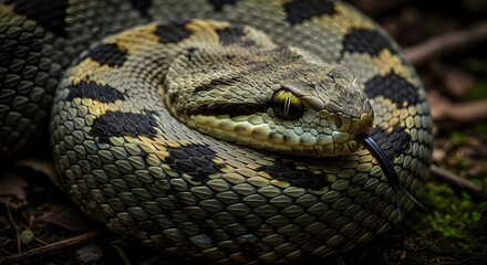 Fototapeta premium Close up image of a snake coiled on forest floor, focus on scales and eyes to evoke common phobia imagery. 