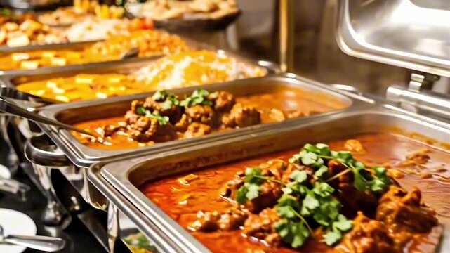 A delightful spread of Indian cuisine buffet style, featuring a variety of flavorful dishes with rich curries and fresh garnishes, perfect for any celebration or gathering