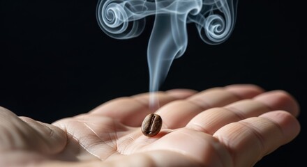A hand holding a smoking pill against a black