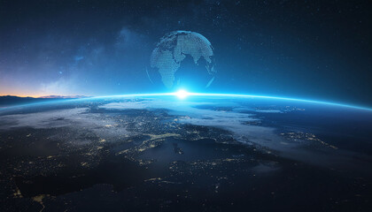 IoT and AI fusion concept, connected machines, smart home visualization, global cloud ecosystem, cyber blue lighting.