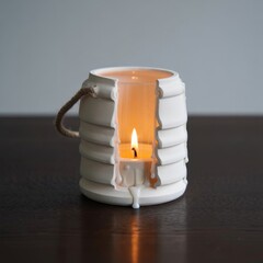 Handcrafted white ceramic lantern with burning candle