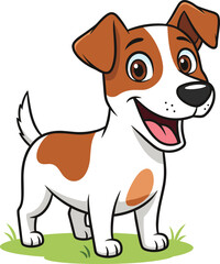 Cartoon happy dog on grass, cute pet illustration, white brown patches, blue eyes, friendly animal, children content, playful mascot design