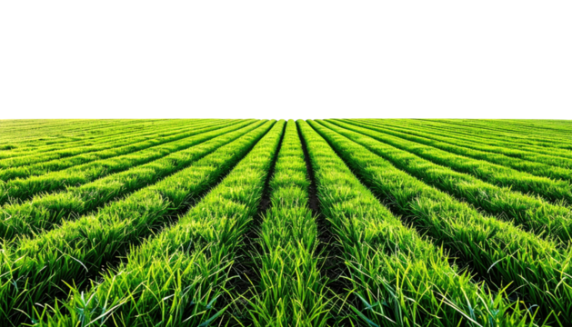 Green field with rows leading to horizon under dark sky