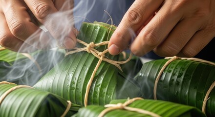 Close-up of hands tying steaming green