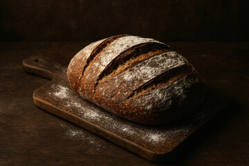 Rustic sourdough bread loaf resting on wooden cutting board, fresh baked