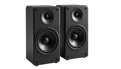 Fototapeta premium Two black bookshelf speakers in a studio shot