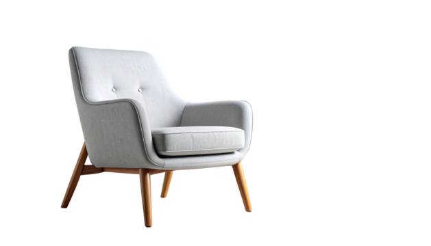 Light grey armchair with wooden legs isolated on black