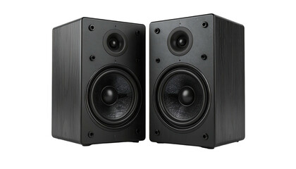 Obraz premium Pair of dark bookshelf speakers with tweeters, woofers
