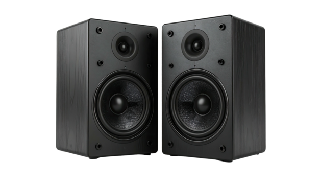 Pair of dark bookshelf speakers with tweeters, woofers