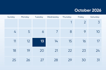 13 October 2026 calendar day design. It shows 2026 October 13 date calendar page