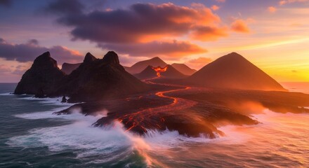 Aerial view of volcanic island at sunset; flowing lava merges with ocean waves