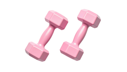 Two pink dumbbells isolated against a stark black background