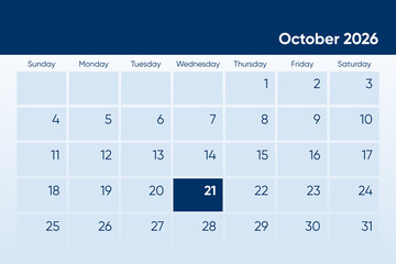 21 October 2026 calendar day design. It shows 2026 October 21 date calendar page