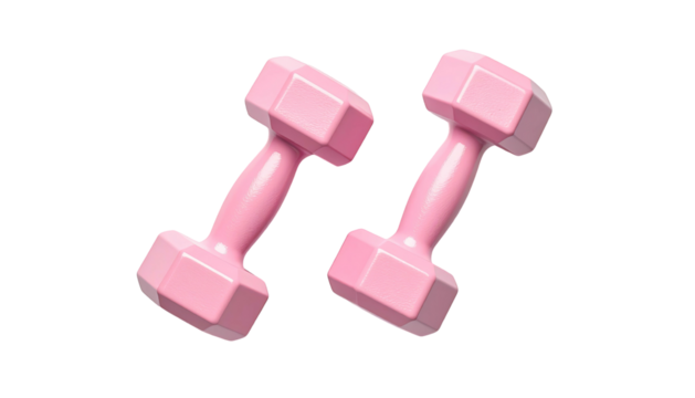 Two pink dumbbells isolated against a stark black background