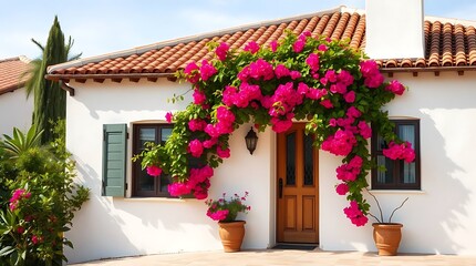 Naklejka premium Ultra-realistic, hyperdetailed photograph of a charming Mediterranean villa exterior, white stucco walls, terracotta roof tiles, vibrant bougainvillea cascading down