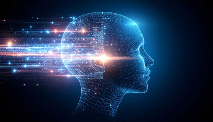 Holographic head symbolizing AI thought, filled with luminous data circuits and flowing code