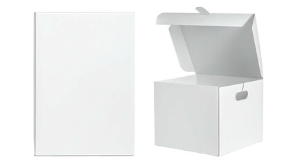 Two white cardboard boxes, one closed and one open, side by side