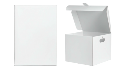 Two white cardboard boxes, one closed and one open, side by side