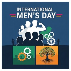 International mens day celebration with diverse male silhouettes and symbols of strength and growth