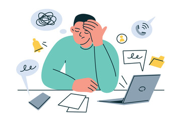 Vector flat cartoon illustration of stressed worker at laptop surrounded by urgent tasks and notifications. Concept of burnout, multitasking, mental overload, tired employee, office stress, pressure