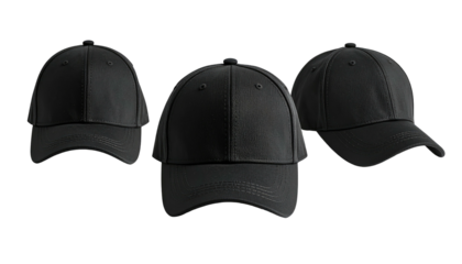 Three dark baseball caps angled, against a black background