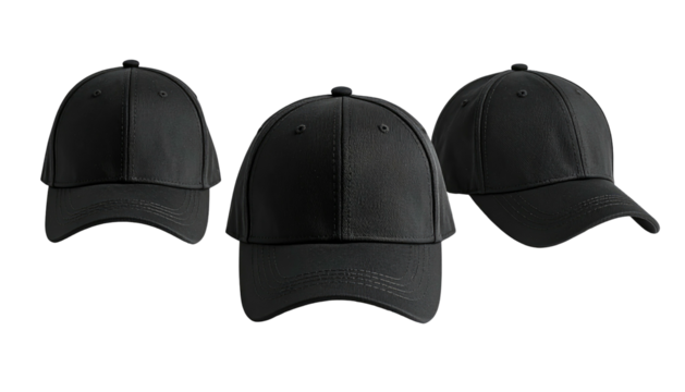 Three dark baseball caps angled, against a black background