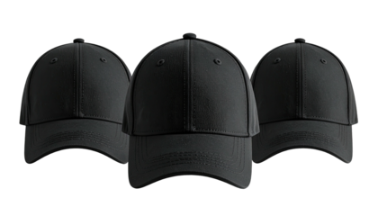 Three black baseball caps, center focus, on a black background