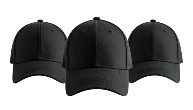 Three black baseball caps, center focus, on a black background