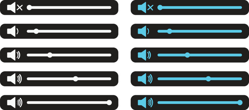 Volume Icon set.Audio player for songs or podcast playlist. Adjust mixer volume level. Equalizer symbol concept for control, filter, balance, tuning, options, and preferences.