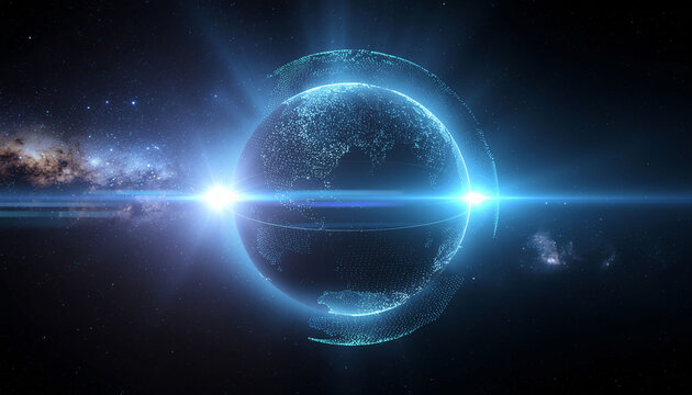 Holographic AI globe spinning in dark tech space, emitting luminous network energy beams