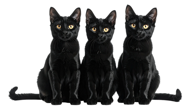 Three sleek black cats with golden eyes, posed side-by-side