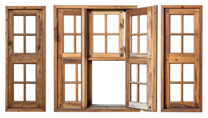 Wooden window with panes, center window open to black background