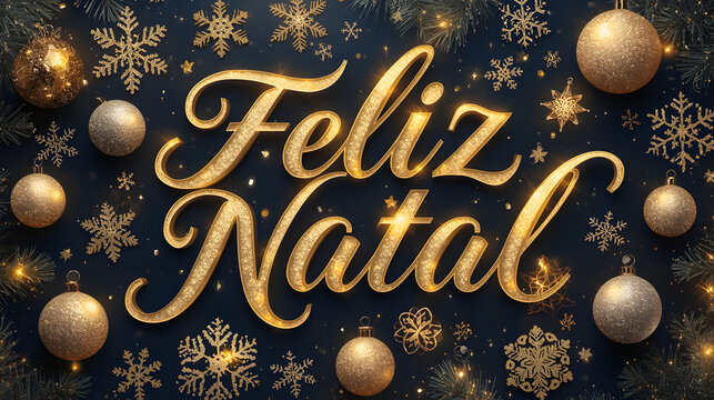 Glittering Gold 'Feliz Natal' Script Surrounded by Christmas Baubles and Snowflakes on Blue Background