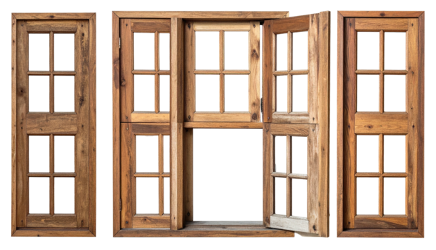 Wooden window with panes, center window open to black background
