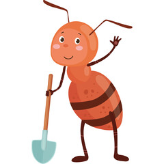 Orange Ant Character Holding a Teal Shovel Waving Hello on Transparent Background